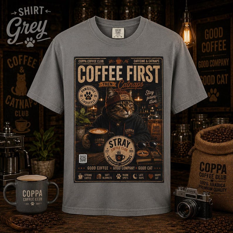 May include: A grey t-shirt featuring a graphic print of a cat wearing a beanie and hoodie, sitting at a table with a coffee mug. The text reads COFFEE FIRST THEN Catnaps, COPPA COFFEE CLUB, STRAY COFFEE CLUB, and other coffee-related phrases.