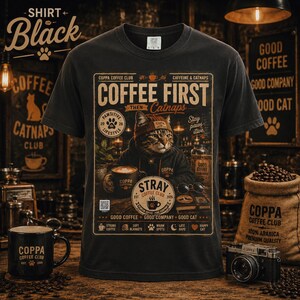 May include: A black short-sleeve t-shirt featuring a graphic print of a cat wearing a beanie and hoodie. The design includes the text "COFFEE FIRST THEN Catnaps," "STRAY COFFEE CLUB," and "COPPA COFFEE CLUB," along with various coffee-themed icons and phrases.