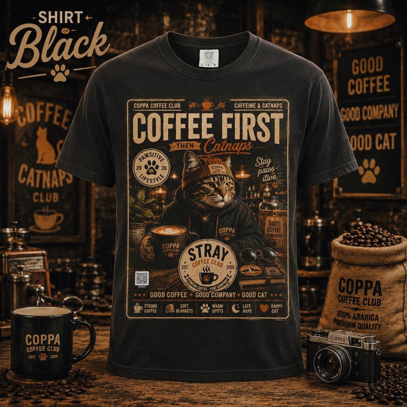 May include: A black short-sleeve t-shirt featuring a graphic print of a cat wearing a beanie and hoodie. The design includes the text "COFFEE FIRST THEN Catnaps," "STRAY COFFEE CLUB," and "COPPA COFFEE CLUB," along with various coffee-themed icons and phrases.