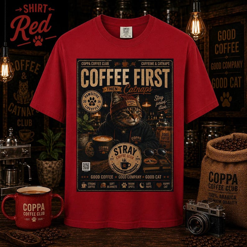May include: A red short-sleeved t-shirt featuring a graphic print of a cat wearing a beanie and hoodie. The text reads COFFEE FIRST THEN CATNAPS, COPPA COFFEE CLUB, CAFFEINE & CATNAPS, PAWSITIVE LIFESTYLE, STRAY COFFEE CLUB, and GOOD COFFEE GOOD COMPANY GOOD CAT.