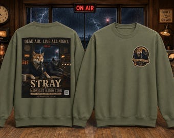 Custom Unisex Spooky Pet Sweatshirt, Shiba Inu and Cat Radio Crewneck, Dog Cat Lover Gift, Dead Air Live All Night
