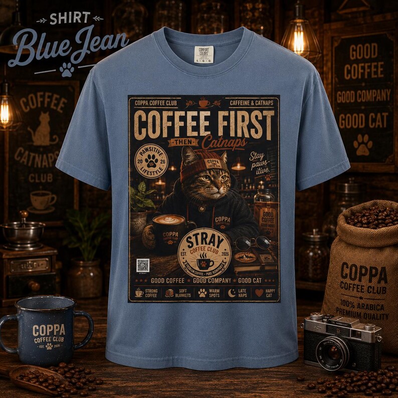 May include: A blue short-sleeve t-shirt featuring a graphic print of a cat wearing a beanie and hoodie. The text reads COFFEE FIRST THEN Catnaps, COPPA COFFEE CLUB, and STRAY COFFEE CLUB. The design includes coffee-related icons and phrases.