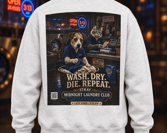 Custom Unisex Jack Russell Sweatshirt, Spooky Laundry Cat Halloween Crewneck, Funny Gothic Pullover, Dog Cat Lover Gift, Wash Dry Die Repeat