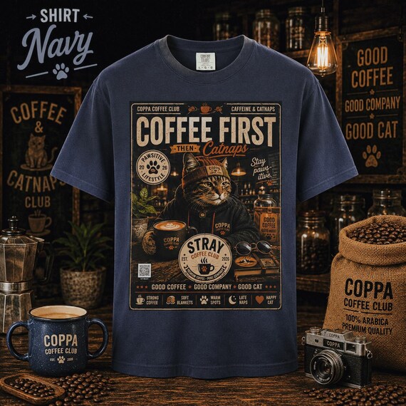 Custom Unisex Coffee Cat Shirt, Funny Coffee Lover Cat Tee, Retro Vintage Cafe Barista Graphic Tee, Cat Lover Gift, Coffee Cat Mom Gift