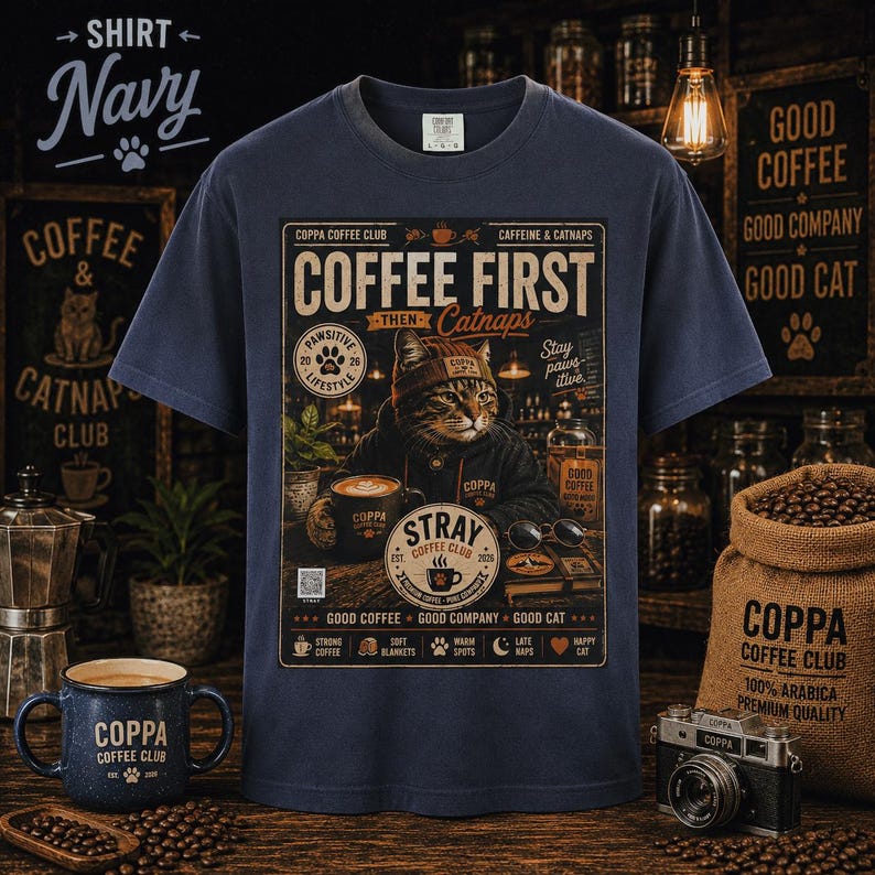 May include: A navy blue t-shirt featuring a graphic print of a cat wearing a beanie and hoodie, holding a coffee mug. The text reads COFFEE FIRST THEN CATNAPS, PAWSITIVE LIFESTYLE, STRAY COFFEE CLUB, and GOOD COFFEE GOOD COMPANY GOOD CAT.