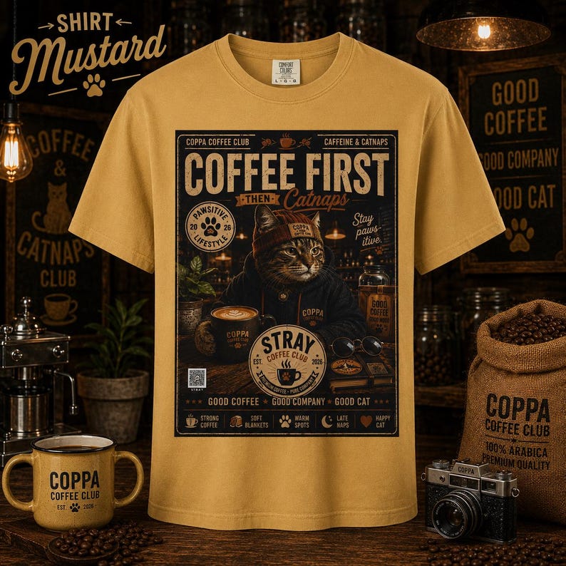 May include: A mustard yellow t-shirt featuring a graphic print of a cat wearing a beanie and hoodie. The text reads COFFEE FIRST THEN CATNAPS, COPPA COFFEE CLUB, and CAFFEINE & CATNAPS. The design includes a coffee mug, a QR code, and icons for coffee, blankets, paw prints, and moons.