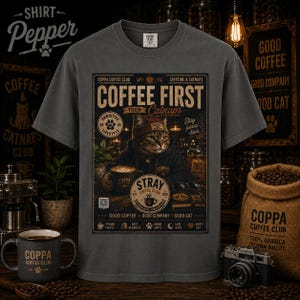May include: A charcoal gray t-shirt featuring a graphic print of a cat wearing a beanie and hoodie. The design includes the text "COFFEE FIRST THEN CATNAPS," "COPPA COFFEE CLUB," and "STRAY COFFEE CLUB," along with various coffee-themed icons and labels.