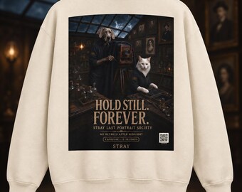 Custom Unisex Weimaraner Sweatshirt, Spooky Photographer Cat Halloween Crewneck, Dog Cat Lover Gift, Hold Still Forever