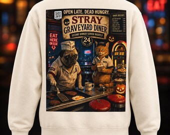 Custom Unisex Pug Sweatshirt, Spooky Diner Pug and Cat Halloween Crewneck, Retro Pullover, Dog Cat Lover Gift, Graveyard Diner Open Late