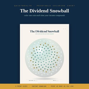 May include: A printable colouring chart titled The Dividend Snowball with the subtitle colour one coin each time your income compounds. The chart features a large central circle filled with small teal, gold, and white dots representing coins.