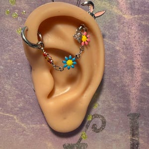 Fun flirty Bunny Rabbit Ears Helix Earring Cartilage Stack Ear Chain Flowers Summer Set