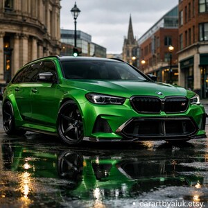 May include: A bright green BMW station wagon with black wheels and a black front grille parked on a wet city street. The vehicle features a sleek aerodynamic body kit and dark tinted windows. The text carartbyaiuk.etsy. appears at the bottom.