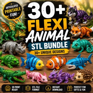 May include: A digital collection of 30+ articulated flexi animal STL files for 3D printing. The image displays various colorful, segmented creatures including a green dragon, gray rhino, blue fish, orange clownfish, shark, and purple axolotl.