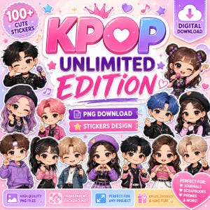 Kpop-inspirerat PNG-klistermärkespaket, söta kawaii digitala klistermärken, utskrivbara planeringsklistermärken, telefonanteckningsbok scrapbooking PNG-nedladdning