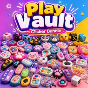 Puede incluir: Una colección de juguetes fidget coloridos y llaveros de clic con formas variadas como huellas, animales y botones geométricos. El texto Play Vault Clicker Bundle aparece en letras grandes, negritas, amarillas y blancas sobre los objetos.