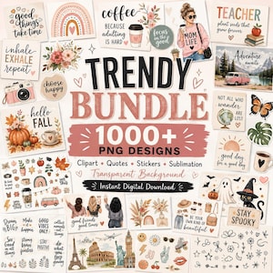 May include: A digital collection of over 1000 PNG designs featuring diverse illustrations including rainbows, coffee cups, seasonal autumn elements, travel landmarks, and inspirational quotes. The bundle includes clipart, stickers, and sublimation graphics.