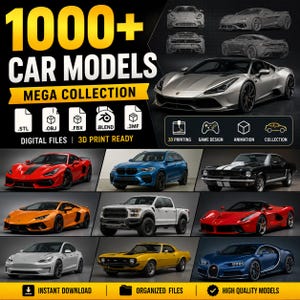 Op de afbeelding: Een digitale collectie van 1000+ 3D-automodellen met diverse voertuigtypes, waaronder sportwagens, vrachtwagens en klassieke auto's. De afbeelding toont bestandsformaten zoals STL, OBJ, FBX, BLEND en 3MF, aangeduid als digitale bestanden voor 3D-printen, game-ontwerp en animatie.