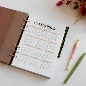 Peut inclure: Un agenda à anneaux ouvert avec une couverture marron et une règle en plastique translucide. La page affiche un calendrier 2020 intitulé CALENDRIER avec les mois en français. À côté se trouvent un stylo blanc à motifs floraux et un stylo vert.