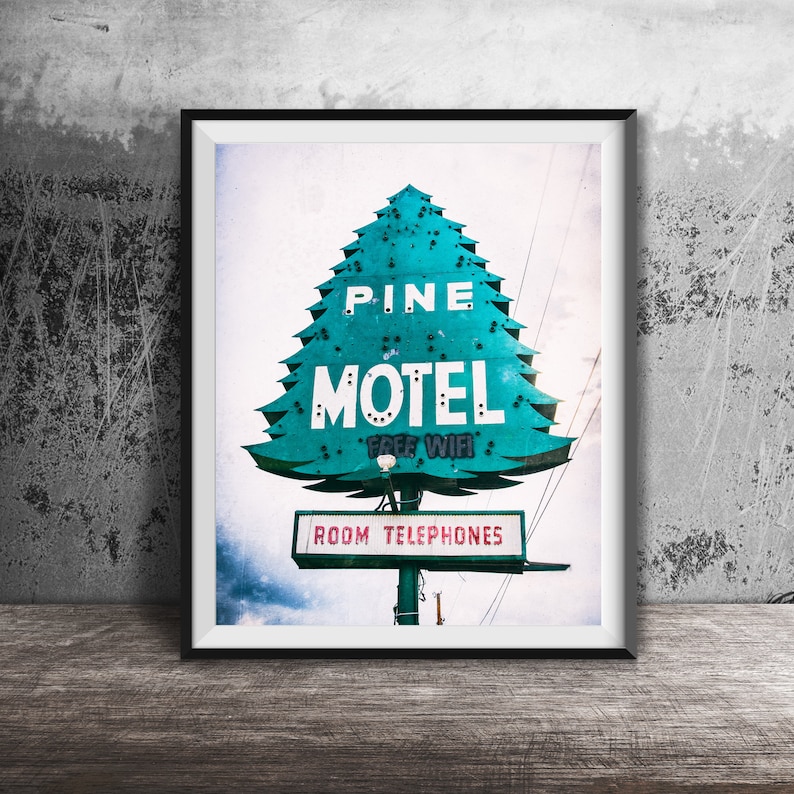 PINE MOTEL, Indianapolis - Neon Sign Art Photography - Wall Art Photo - Modern Kitchen Photography - Unframed Decor - Pine Tree, Evergreen image 1