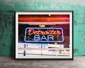 Detroiter Bar Neon Sign Print - Detroit Photography Print - Original Wall Art Photo - Modern Photography - Unframed Decor - Detroit Dive Bar