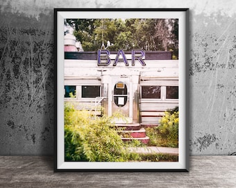 BAR - Neon Diner Sign Photography - Wall Art Photo Print - Unframed Wall Decor - Dining Train Car - Old Restaurant Kitchen Door Decor