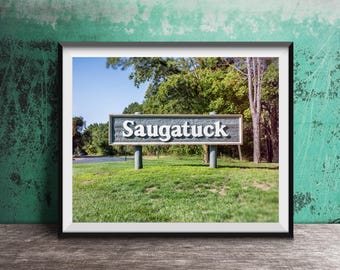 May include: Framed print featuring a sign that reads "Saugatuck" in white letters. The sign is set against a backdrop of green grass, trees, and a blue sky. The print is displayed on a wooden surface against a textured teal wall.