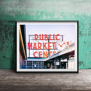 PIKE PLACE MARKET, Seattle Wall Art Unframed Photography Print Neon Sign Photography Public Market Center Sign, Seattle, Washington image 1