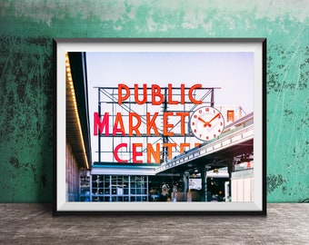 PIKE PLACE MARKET, Seattle Wall Art - Unframed Photography Print - Neon Sign Photography - Public Market Center Sign, Seattle, Washington