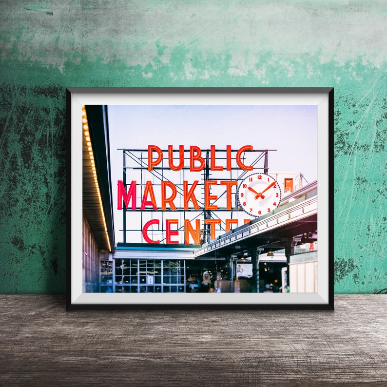 PIKE PLACE MARKET, Seattle Wall Art Unframed Photography Print Neon Sign Photography Public Market Center Sign, Seattle, Washington image 1