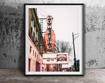 Fireside Bowl - Chicago Vintage Sign Photography Print - ingelijste Chicago Wall Art, Logan Square, Chicago Bowling Alley