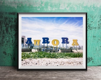 AURORA - Impresión fotográfica sin marco - Decoración de pared, arte fotográfico - Láminas para sala de estar - Letrero con la inscripción Aurora, Illinois