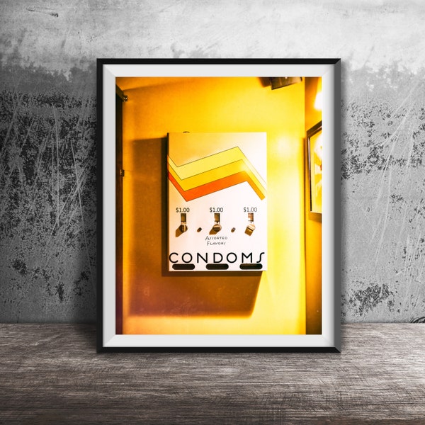 Vintage CONDOMS Vending Machine, Bathroom Art Print - Unframed Photography Print - Safe Sex, Assorted Flavors, Midcentury Modern, Yellow