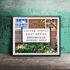 BROOKFIELD, ILLINOIS, Chicagoland - Oinramad, färdig att rama in konst - Modern konstfotografitryck - Brookfield postkontorsskylt