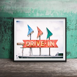 DRIVE-IN - Vintage Neon Sign Photography - Kitchen Art - Bar Photo - Mid Century Liquor Store Sign - Drive In Movie Theater