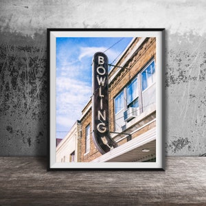 BOWLING - Chicagoland Vintage Sign Photography Print - Unframed Chicago Wall Art - Wayne&#39;s Lanes, Woodstock, Illinois Bowling Alley