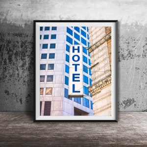 HOTEL - Impressão de fotografia de belas artes - Fotografia de placa sem moldura - Decoração de motel vintage - Arte moderna de meados do século