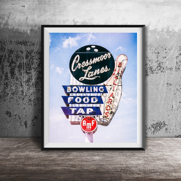 CRESSMOOR LANES Sign Art Photography - Unframed Wall Art Photo - Modern Fine Art Photography - HOBART, Indiana Bowling Alley