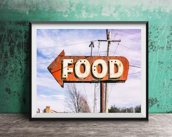 FOOD, Diner Neon Sign - Unframed Kitchen Decor - Eat Food Sign Photography - Breakfast, Lunch, Dinner Restaurant Print