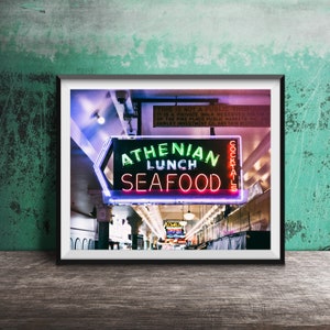 ATHENIAN LUNCH SEAFOOD, Seattle Wall Art - Unframed Photography Print - Neon Sign Photography - Pike Place Market, Seattle