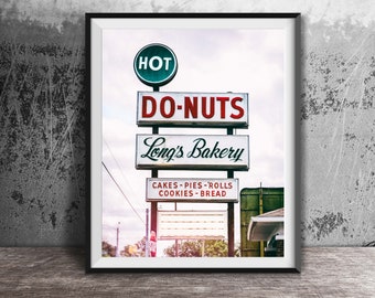Long's Bakery HOT DONUTS - DOUGHNUTS - Donut Sign Photography - Kitchen Art - Breakfast Photo - Retro Bakery Decor
