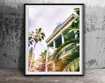 May include: A white building with a large porch and palm trees in front of it. The building has a white roof and white columns. The palm trees are green and have long leaves. The building is surrounded by a lush green lawn.