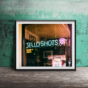 JELLO SHOTS - Kitchen Bar Sign Photography - Unframed Kitchen Art Print - Bar Photo - Retro Neon Sign - Dining Room - Dive Bar