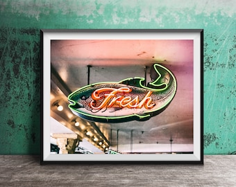 FRESH FISH, Kitchen Wall Art - Unframed Photography Print - Seafood Neon Sign Photography - City Fish Market