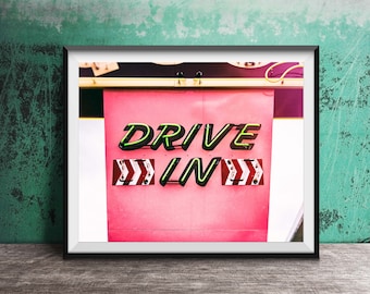DRIVE-IN - Vintage Neon Sign Photography - Kitchen Art - Bar Photo - Mid Century Liquor Store Sign - Drive In Movie Theater