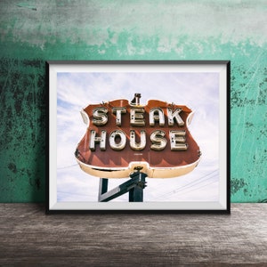 STEAK HOUSE - Fotografía artística con letreros de neón - Fotografía de arte mural - Fotografía de cocina moderna - Decoración de cocina y comedor - Amante de la carne a la parrilla