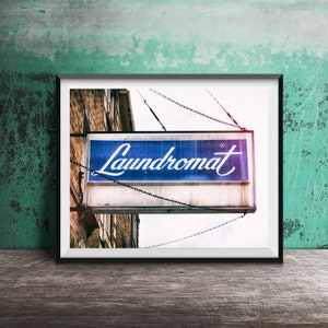 LAUNDROMAT - Unframed Photography Print - Midcentury Modern Laundry Room Decor - Blue Sign Photo