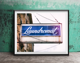 LAUNDROMAT - Unframed Photography Print - Midcentury Modern Laundry Room Decor - Blue Sign Photo