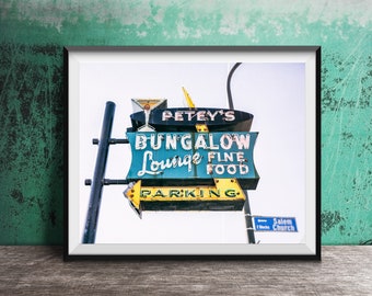 BUNGALOW PETEY'S - impression de photographie sans cadre Chicagoland - enseigne de banlieue de Chicago - Oak Lawn, Illinois enseigne au néon