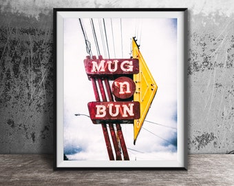 MUG N BUN, Indianapolis - Neon Sign Art Photography - Wall Art Photo - Modern Kitchen Photography - Unframed Decor - Drive-In Restaurant
