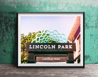 May include: A framed photograph of a sign that reads "Lincoln Park" in white letters on a black background. The sign is decorated with a teal blue abstract design. The sign is in front of a building with a teal blue sky in the background.